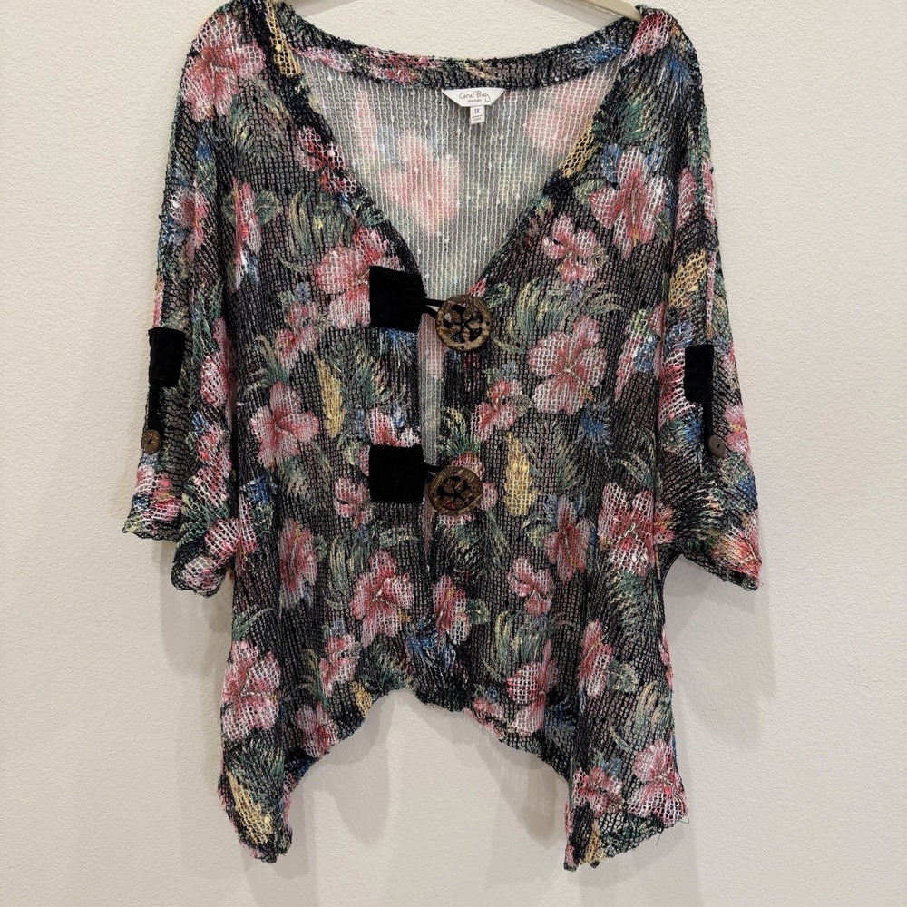 Coral Bay‎ Open Weave Summer Top Plus Size 1X Cover Up Jacket Sweater Tropical